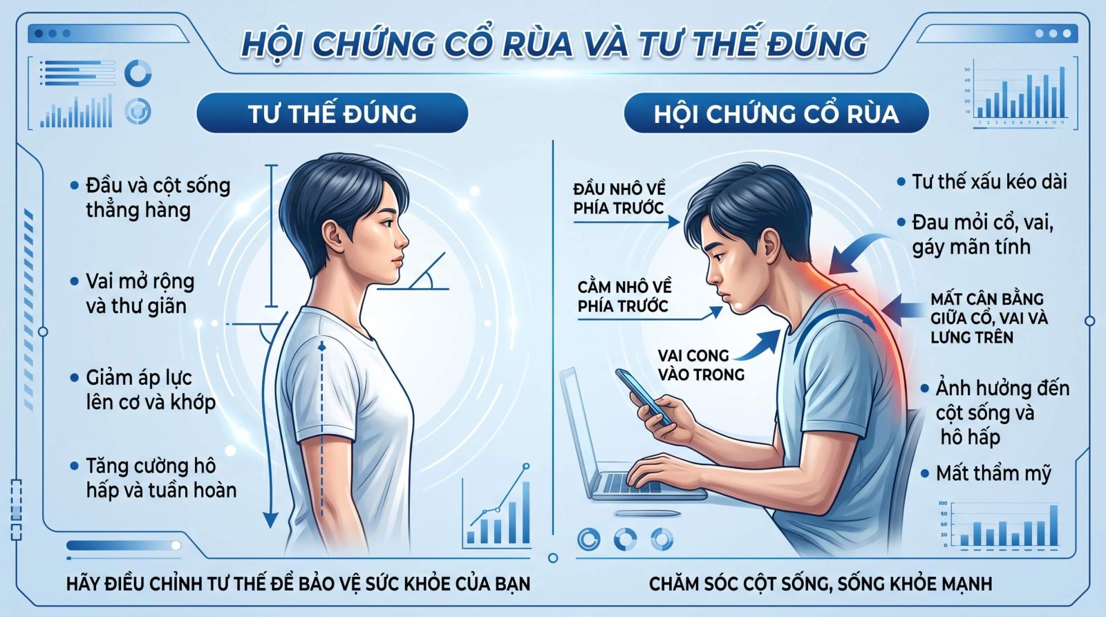 Đặc điểm nhận biết hội chứng cổ rùa với đầu nhô về phía trước và vai cuộn vào trong