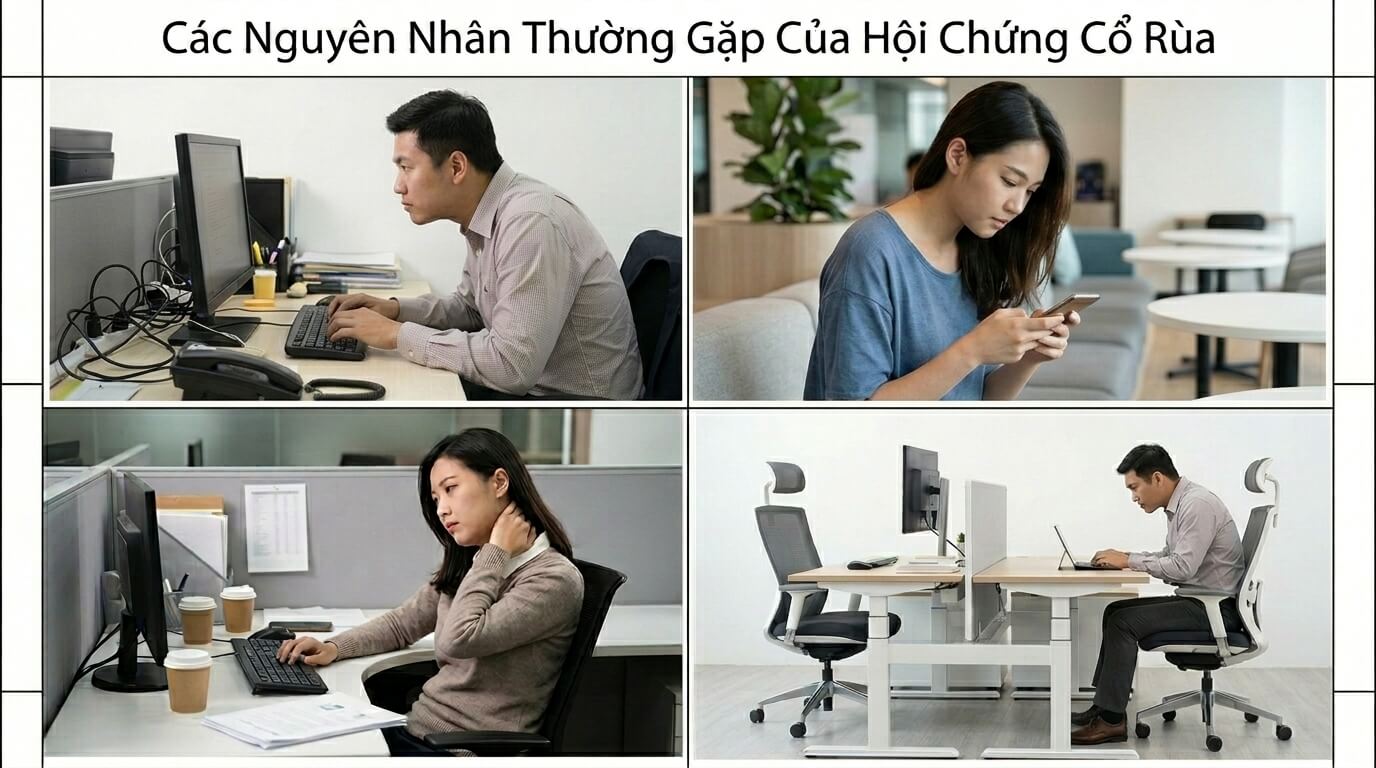 Nguyên nhân gây hội chứng cổ rùa do sử dụng điện thoại và ngồi làm việc sai tư thế