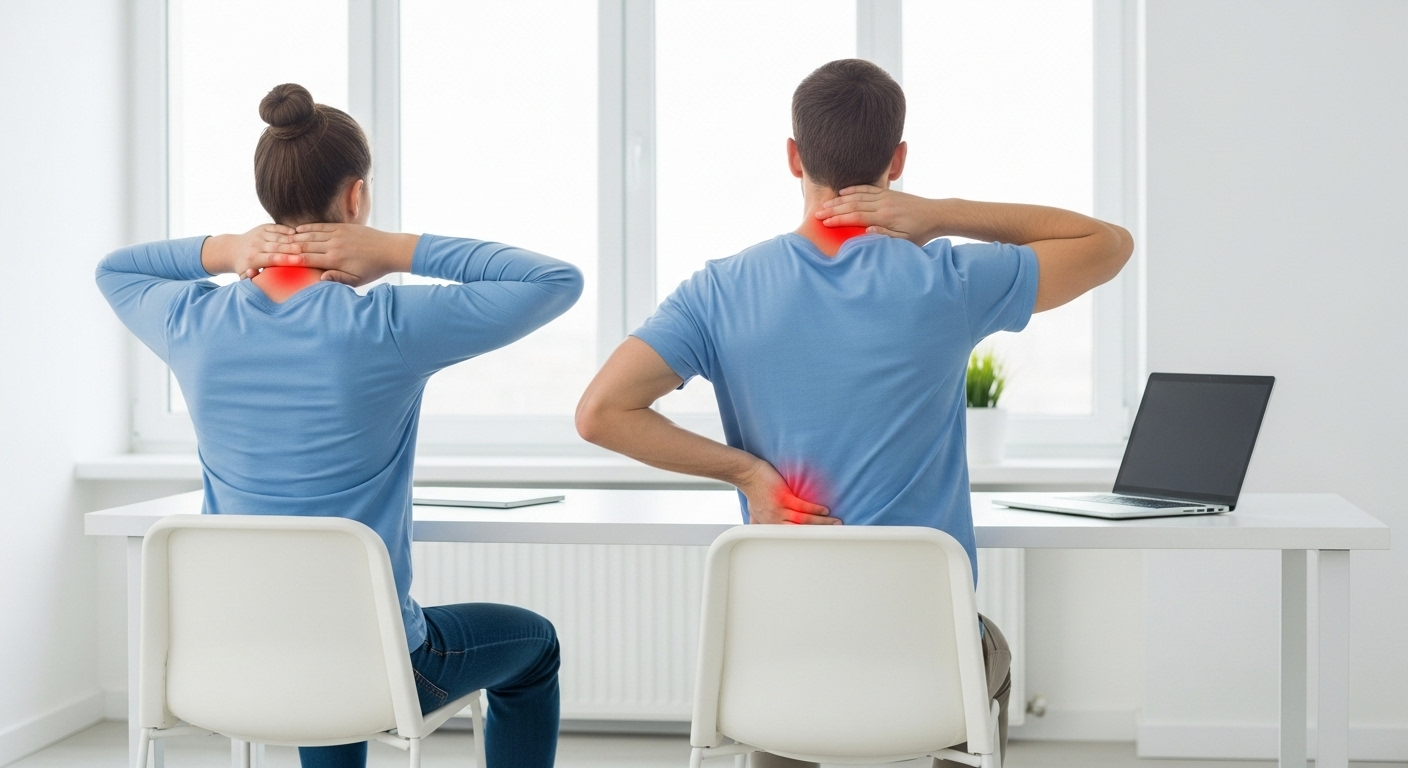 Người trẻ tuổi bị đau lưng và mỏi cổ khi ngồi làm việc sai tư thế trước máy