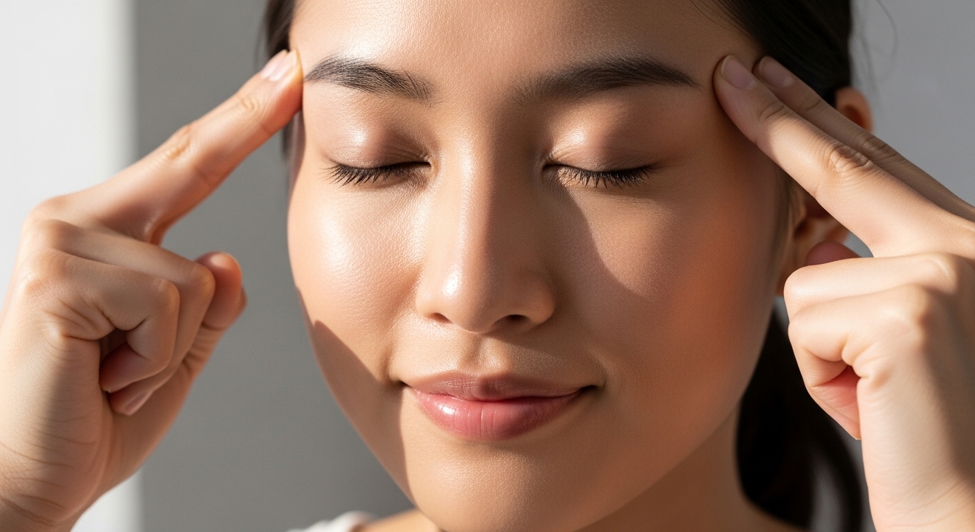 Hai ngón tay xoa tròn vùng thái dương theo chiều kim đồng hồ giúp giảm đau đầu và căng thẳng