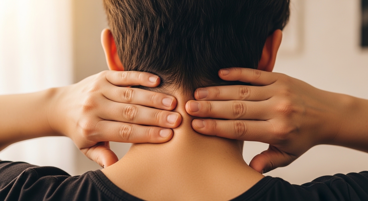 Ngón tay cái ấn nhẹ sau gáy, giữ vài giây giúp giảm căng cơ cổ