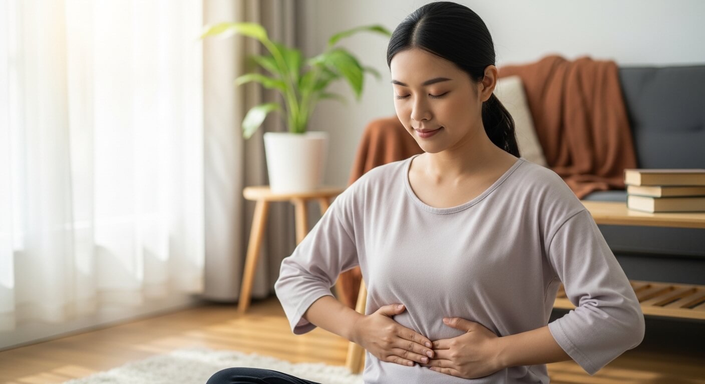 Lòng bàn tay đặt quanh rốn và xoay tròn nhẹ theo chiều kim đồng hồ để giảm đau bụng kinh