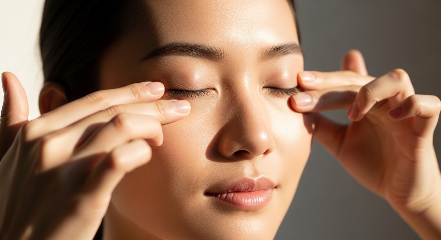 Dùng tay xoa nhẹ vùng mắt mỏi và quầng thâm sau nhiều giờ nhìn màn hình máy tính