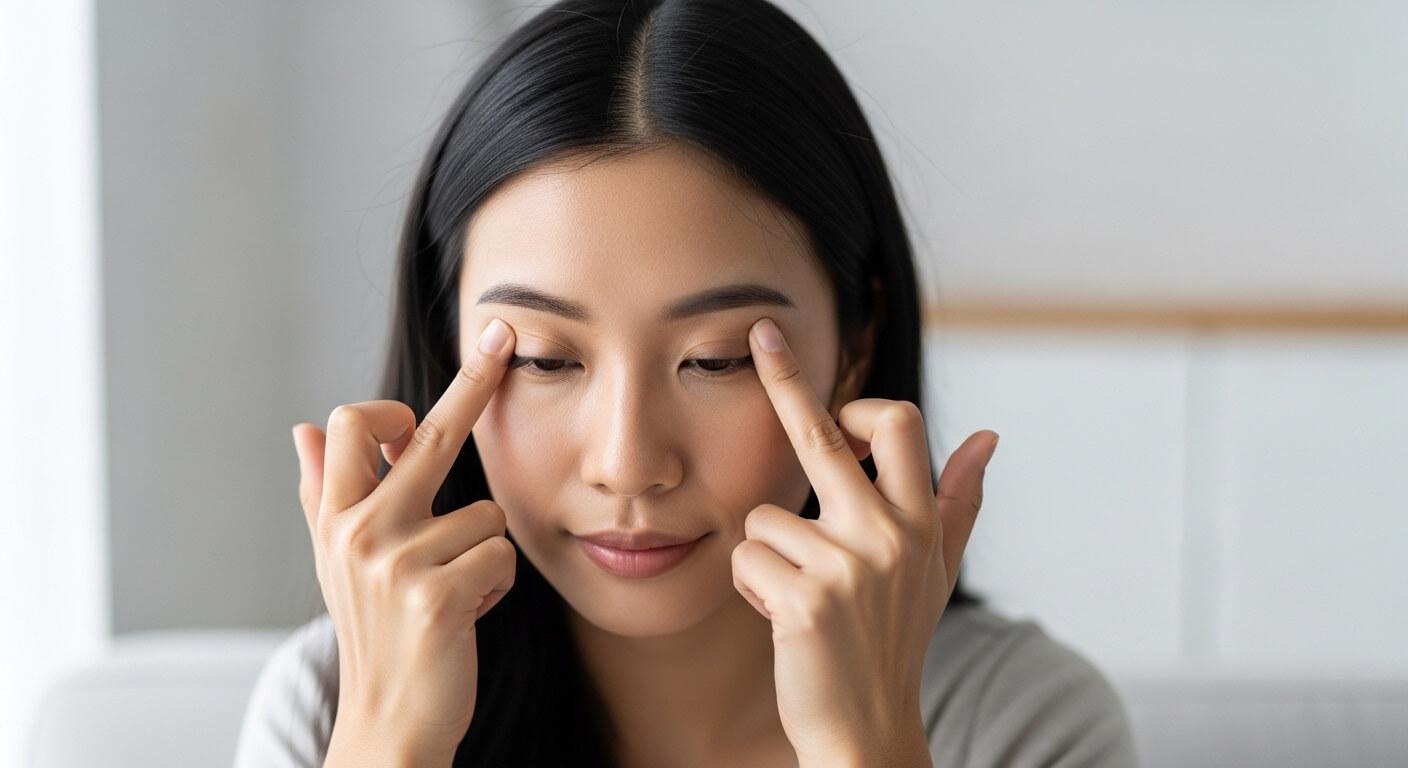 Ngón tay vuốt nhẹ từ khóe mắt ra thái dương giúp giảm bọng mắt và sưng mắt