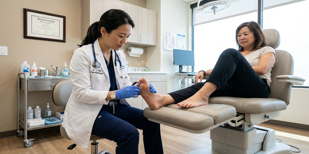 Bác sĩ da liễu kiểm tra tình trạng nấm và hôi chân