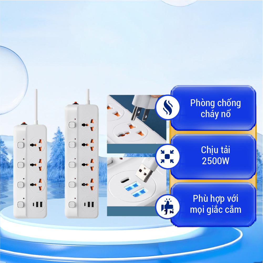 Ổ Cắm Điện Đa Năng OCD08 NMI Mart Chịu Tải 2500W, An Toàn Chống Cháy Giật, Dây 2.5M